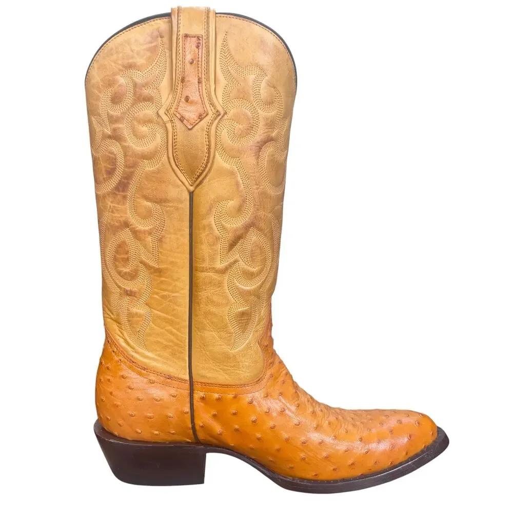 Soto Boots Ostrich Print Yellow Cognac Wide Cowboy Boots Size 10 EE